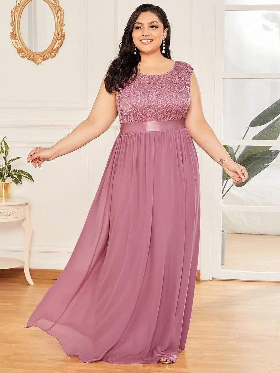 Plus Size Classic Round Neck V Back A-Line Chiffon Bridesmaid Dresses with Lace