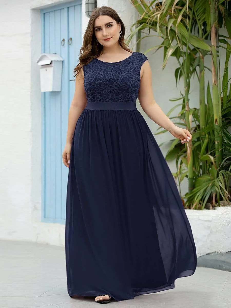 Plus Size Classic Round Neck V Back A-Line Chiffon Bridesmaid Dresses with Lace