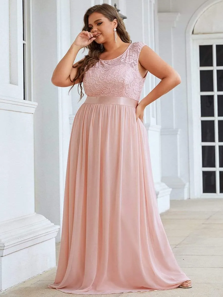 Plus Size Classic Round Neck V Back A-Line Chiffon Bridesmaid Dresses with Lace