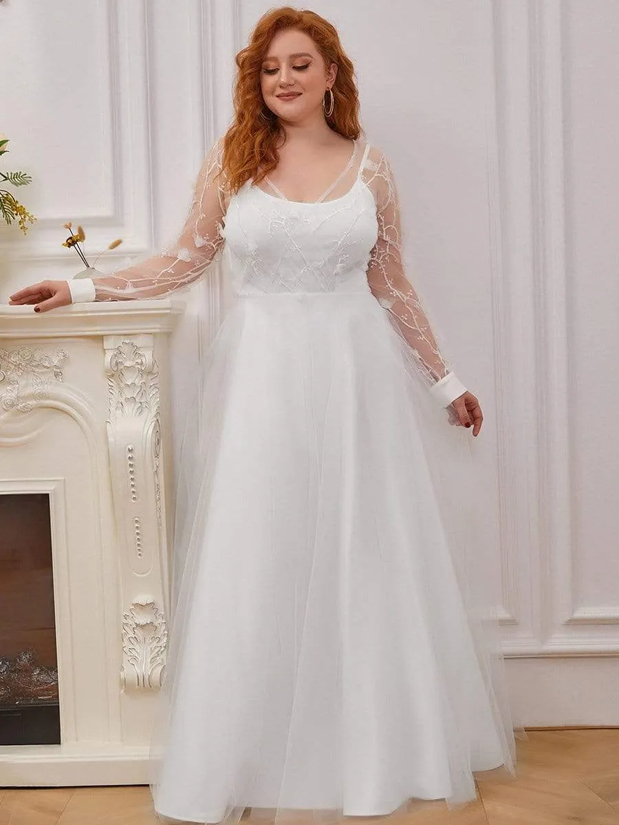 Plus-size Sheer Bodice Long Sleeves Causal Wedding Dress