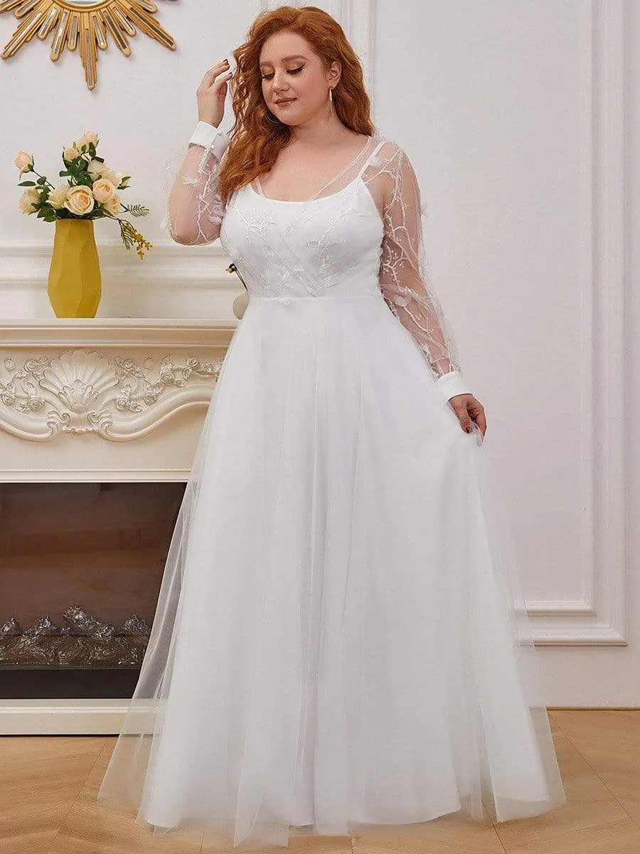 Plus-size Sheer Bodice Long Sleeves Causal Wedding Dress