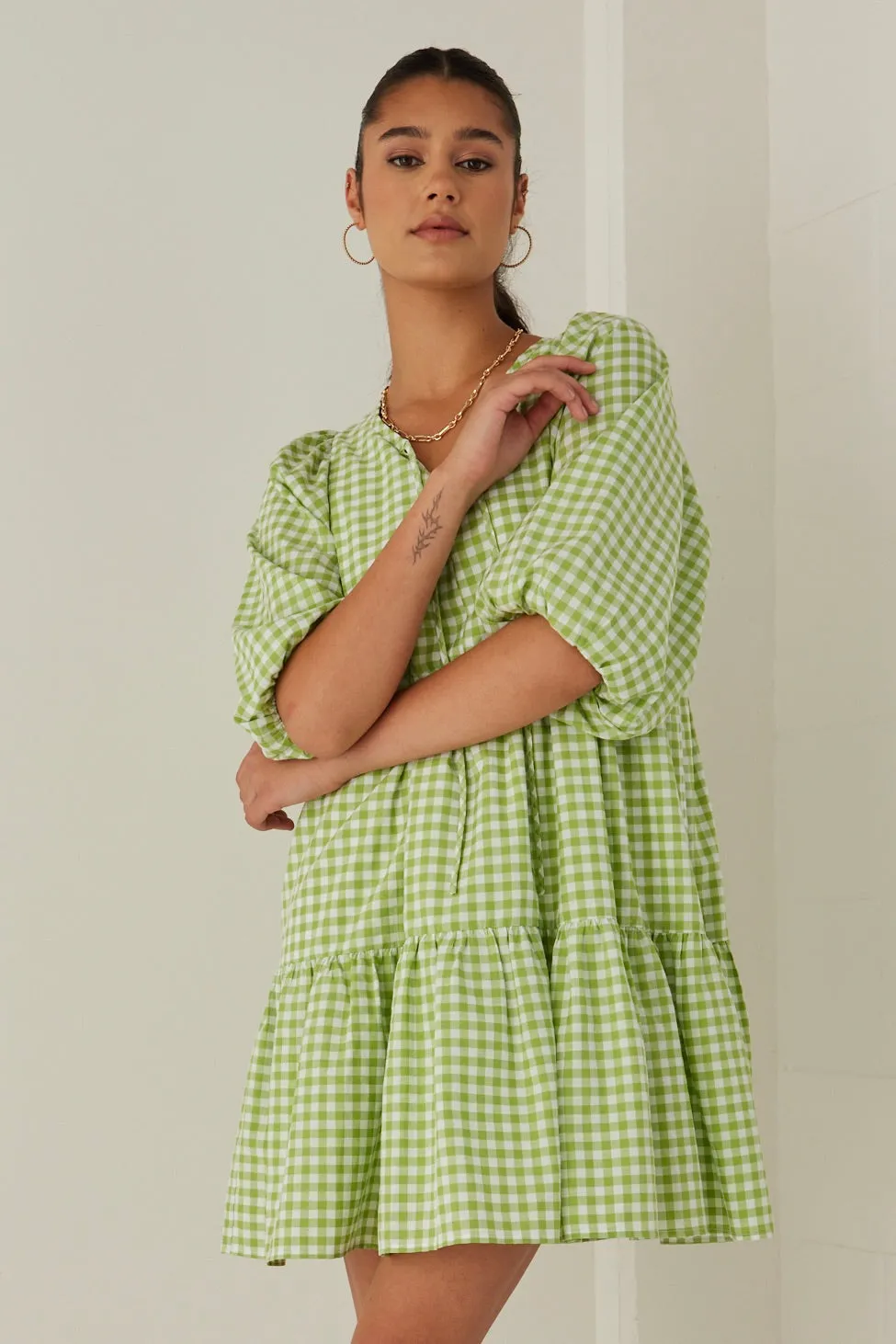 Provocation Green Gingham Babydoll Ss Puff Sleeve Mini Dress