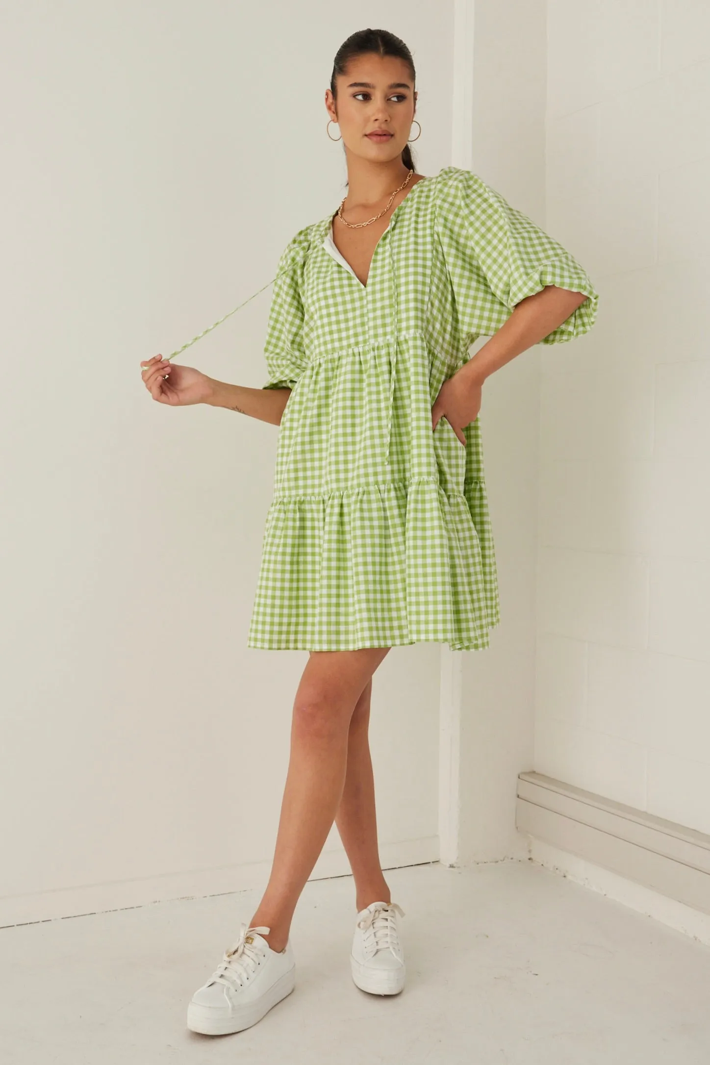 Provocation Green Gingham Babydoll Ss Puff Sleeve Mini Dress