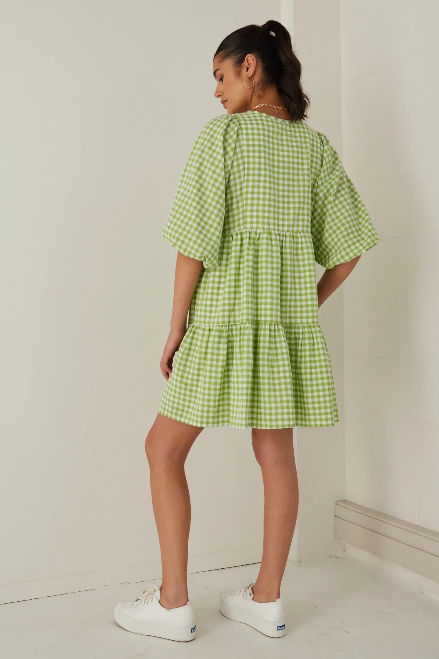 Provocation Green Gingham Babydoll Ss Puff Sleeve Mini Dress