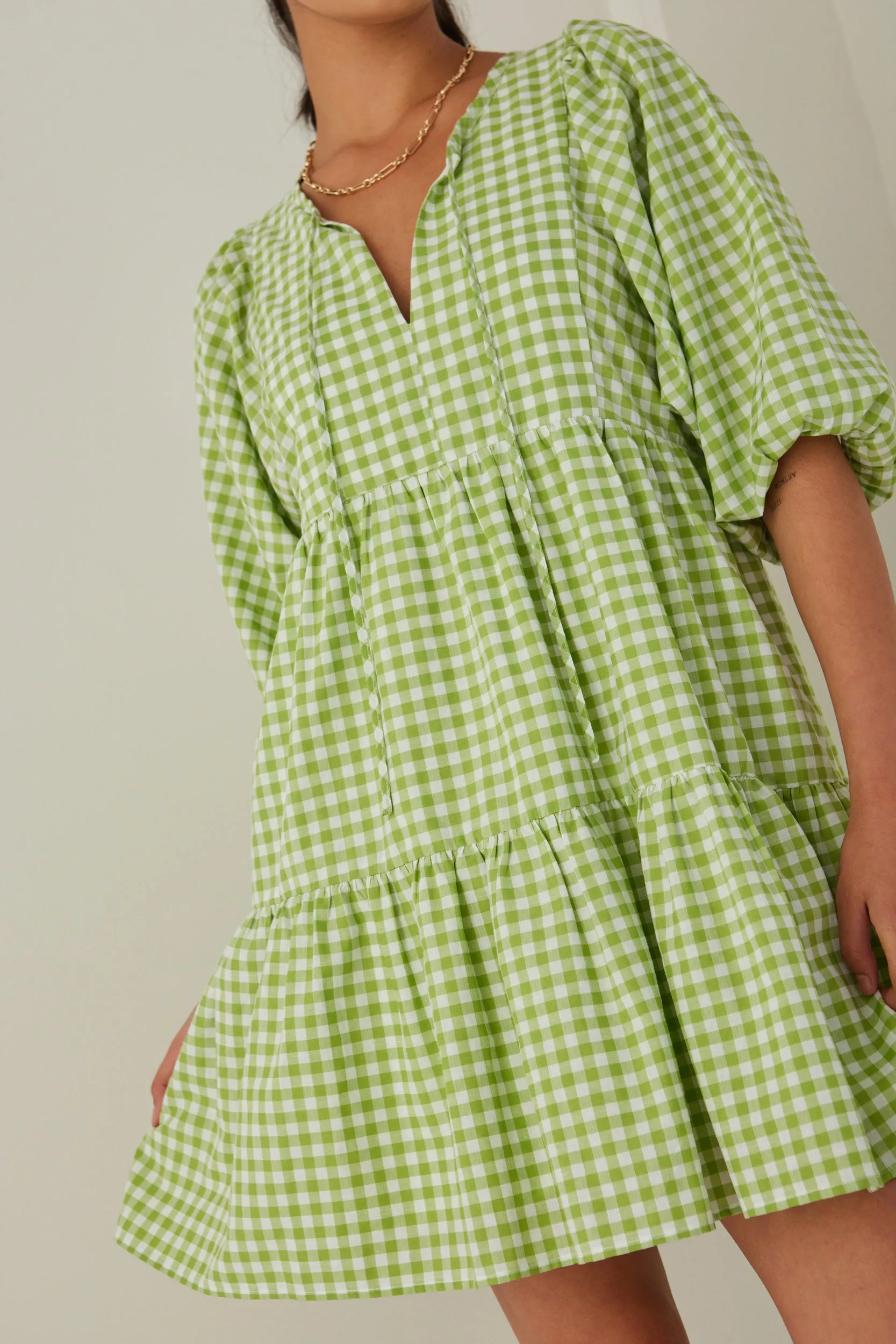 Provocation Green Gingham Babydoll Ss Puff Sleeve Mini Dress