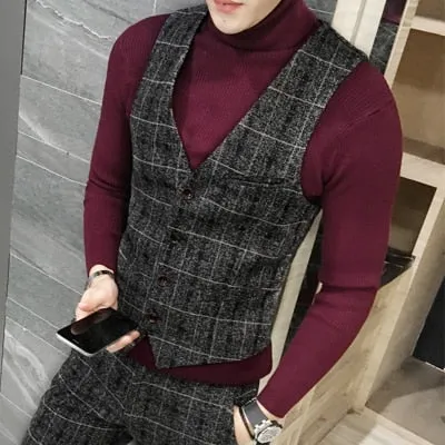 Quality Thick New Men Vest Winter Woolen Fashion Plaid Vest Men Formal Dress Suit Vest Slim Fit Waistcoat Gilet Plus Size Colete