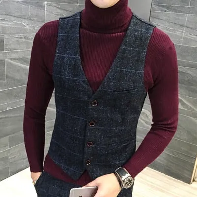 Quality Thick New Men Vest Winter Woolen Fashion Plaid Vest Men Formal Dress Suit Vest Slim Fit Waistcoat Gilet Plus Size Colete