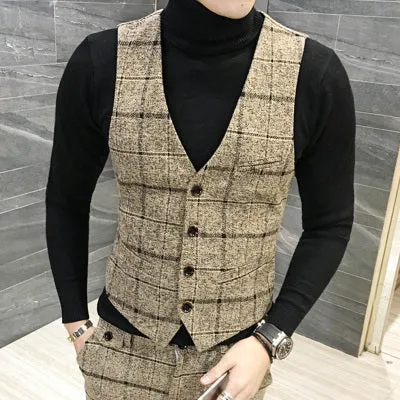 Quality Thick New Men Vest Winter Woolen Fashion Plaid Vest Men Formal Dress Suit Vest Slim Fit Waistcoat Gilet Plus Size Colete