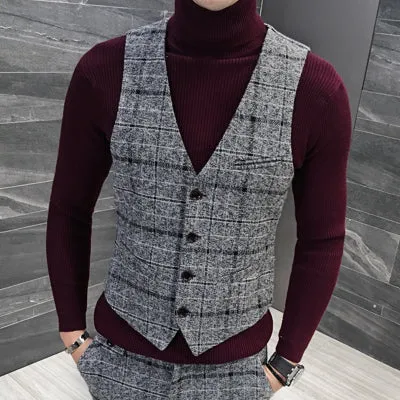 Quality Thick New Men Vest Winter Woolen Fashion Plaid Vest Men Formal Dress Suit Vest Slim Fit Waistcoat Gilet Plus Size Colete