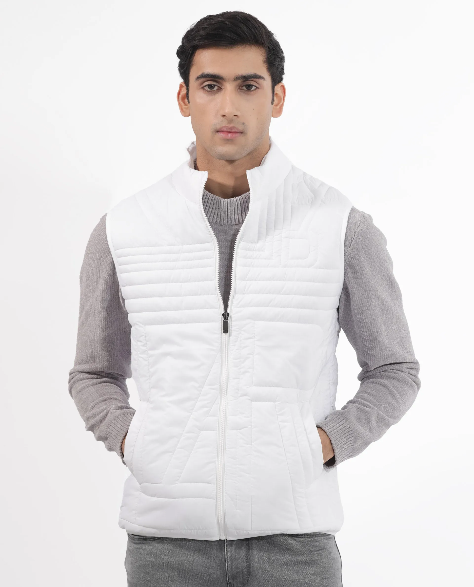 Rare Rabbit Men's Queltex White Nylon Fabric High Neck Sleeveless Zipper Closure Quilted Gilet Jacket