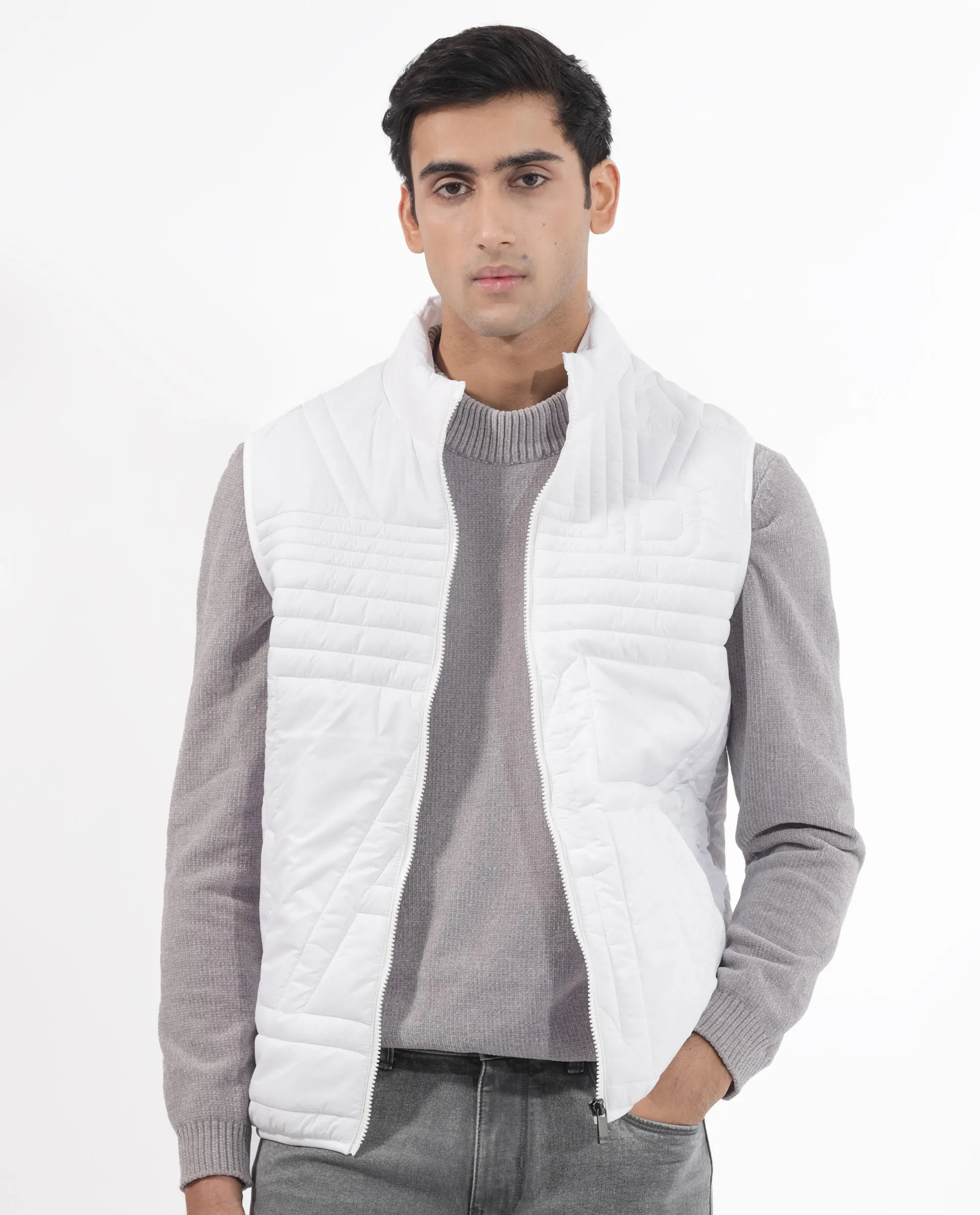 Rare Rabbit Men's Queltex White Nylon Fabric High Neck Sleeveless Zipper Closure Quilted Gilet Jacket