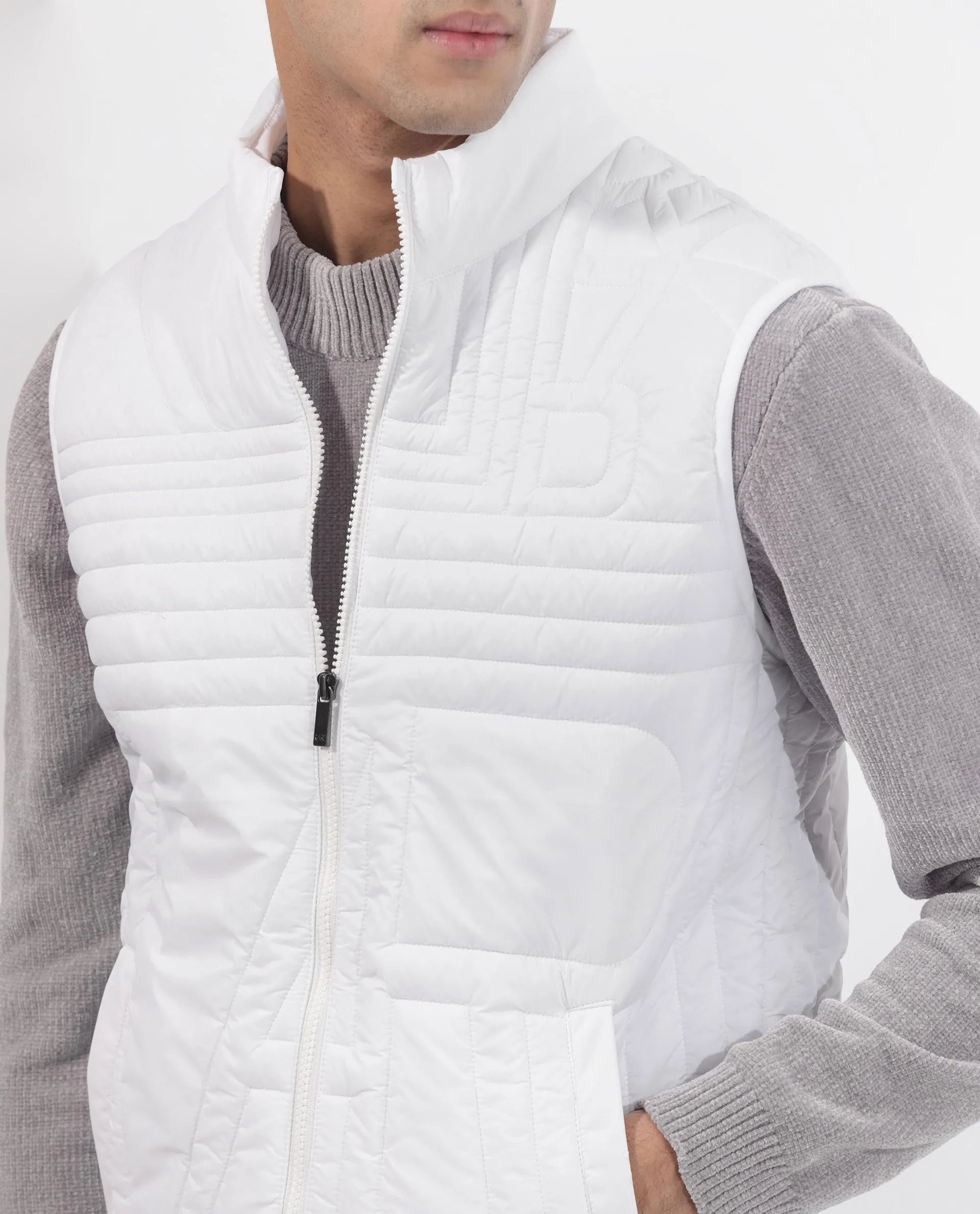 Rare Rabbit Men's Queltex White Nylon Fabric High Neck Sleeveless Zipper Closure Quilted Gilet Jacket