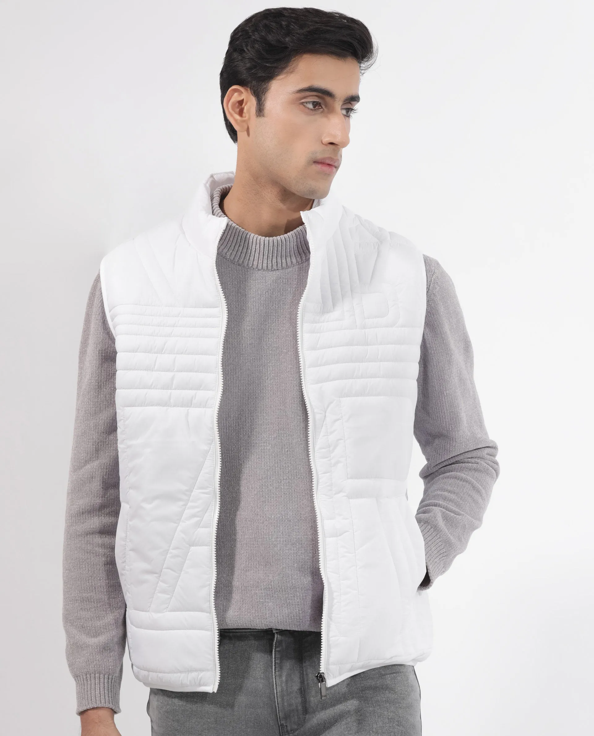 Rare Rabbit Men's Queltex White Nylon Fabric High Neck Sleeveless Zipper Closure Quilted Gilet Jacket