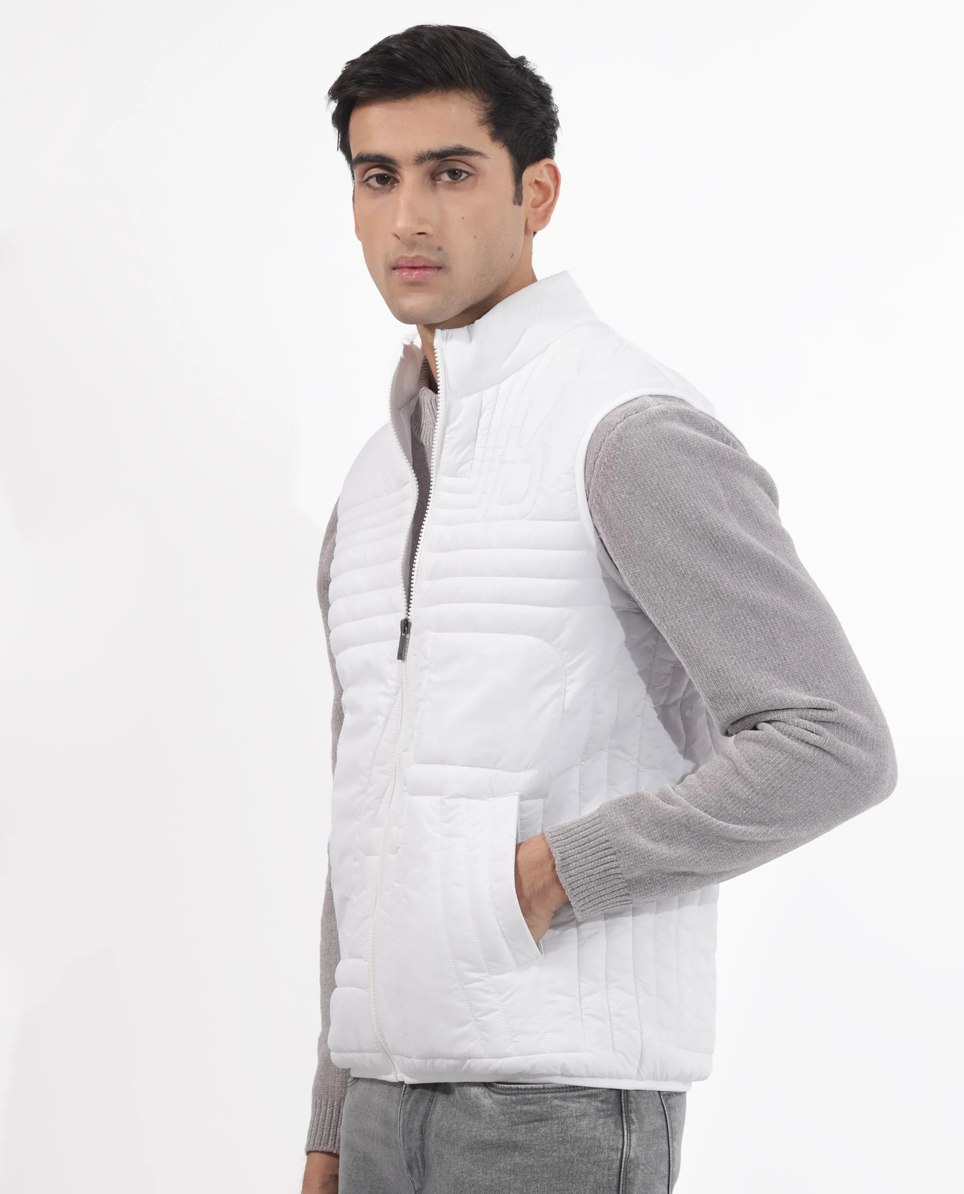 Rare Rabbit Men's Queltex White Nylon Fabric High Neck Sleeveless Zipper Closure Quilted Gilet Jacket