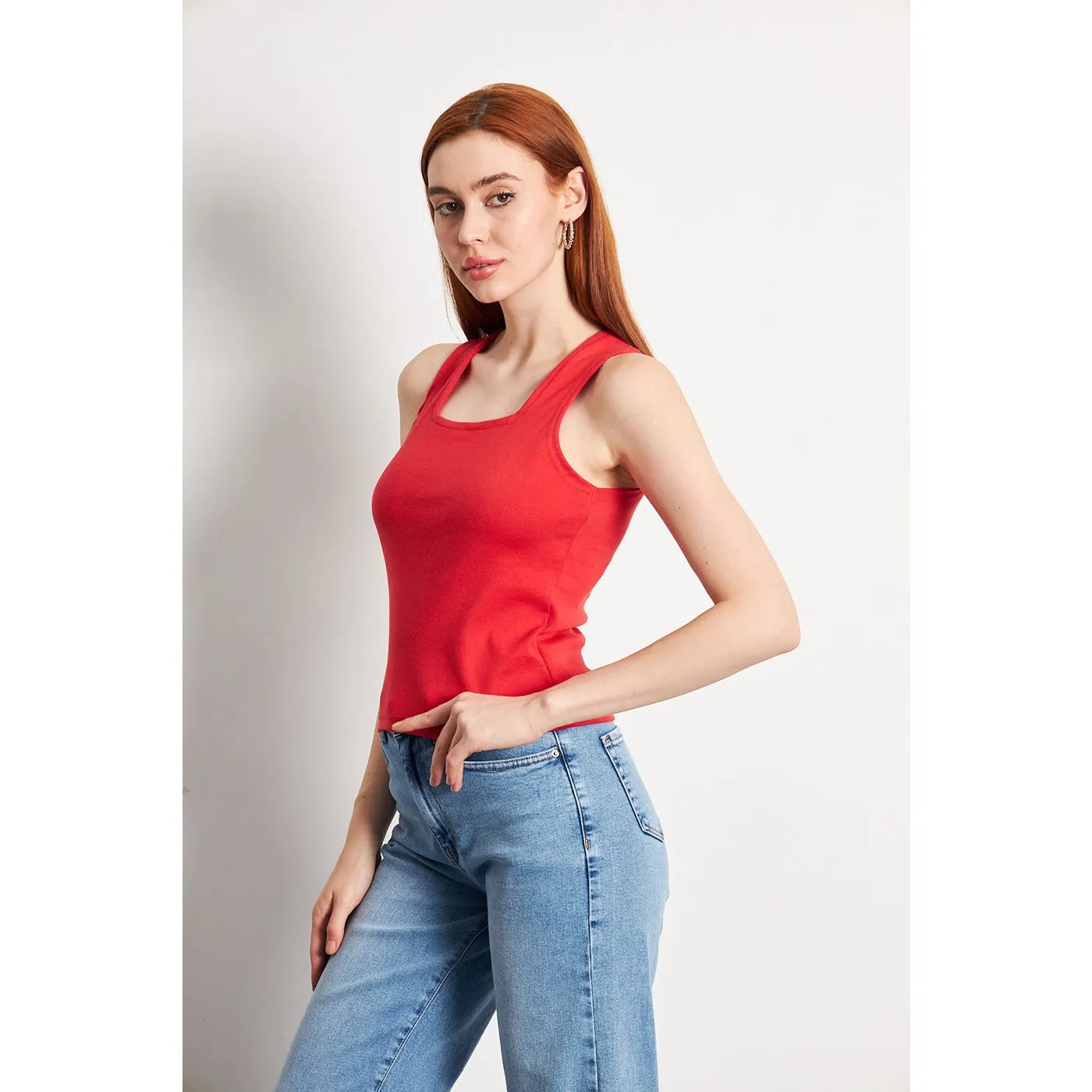 Red Square Neck Tank Top