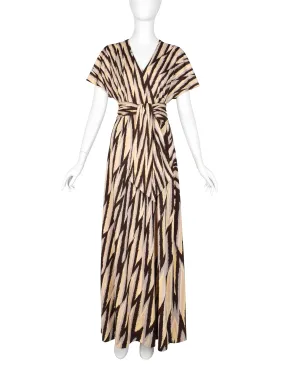 Roberta di Camerino Vintage 1978 Beige Yellow & Brown Zig Zag Print Jersey Maxi Dress