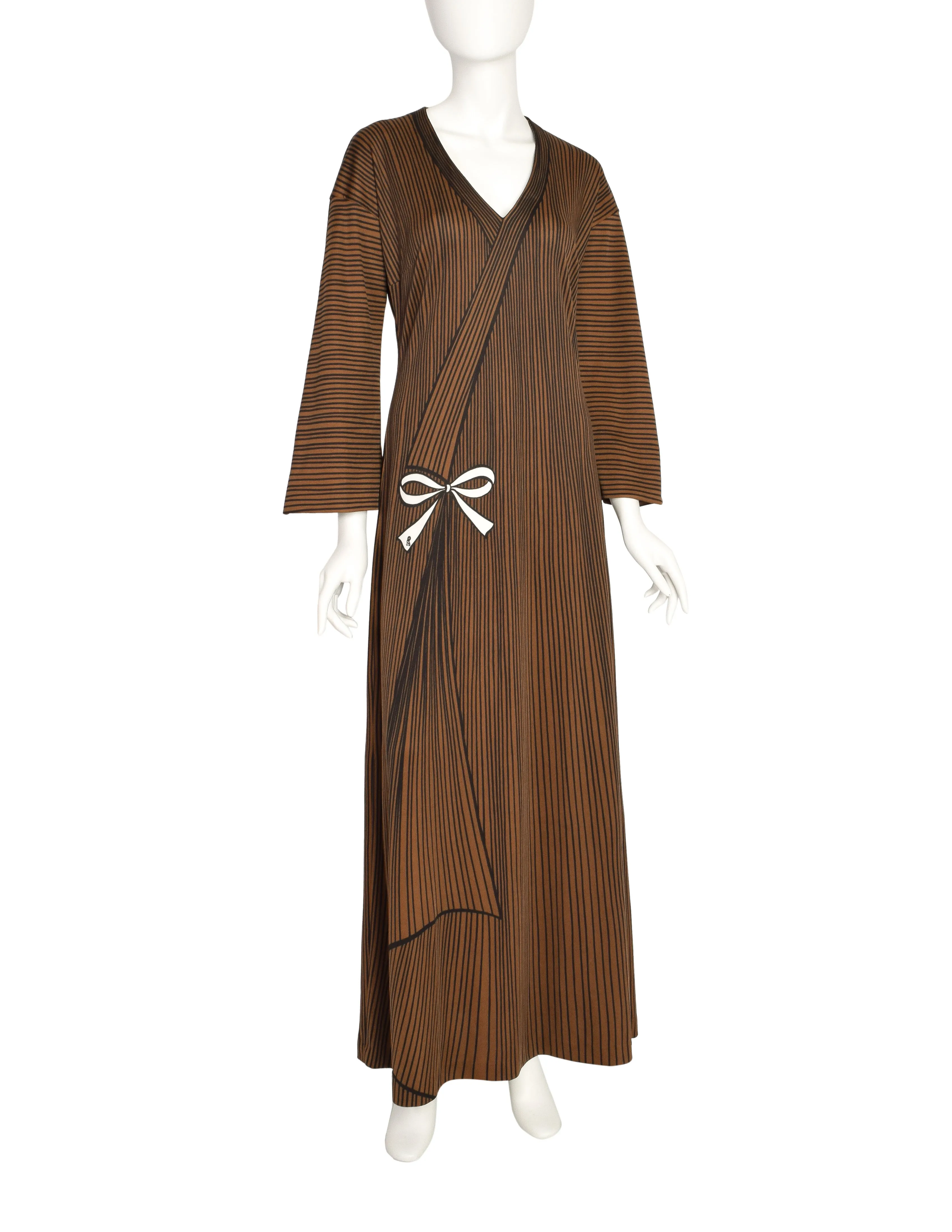 Roberta di Camerino Vintage 1978 Brown Trompe L'oeil Bow Maxi Dress