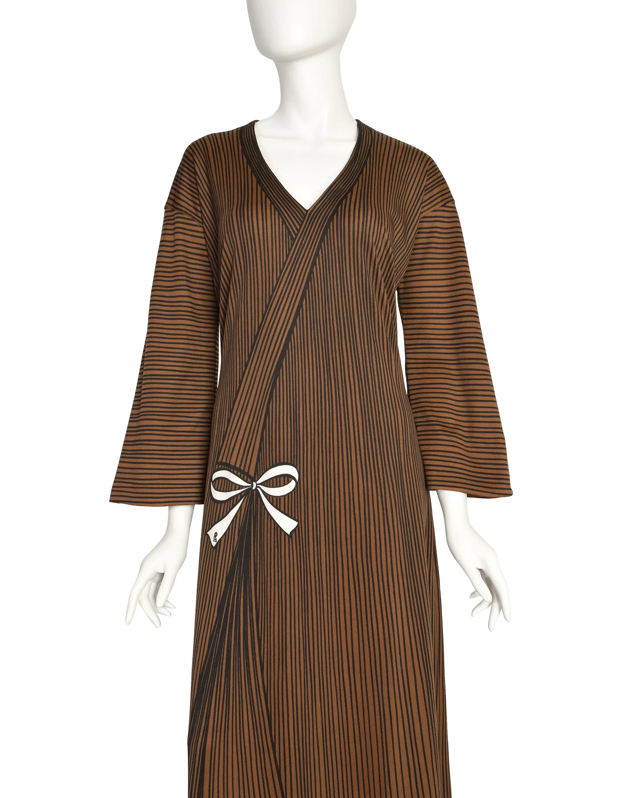 Roberta di Camerino Vintage 1978 Brown Trompe L'oeil Bow Maxi Dress