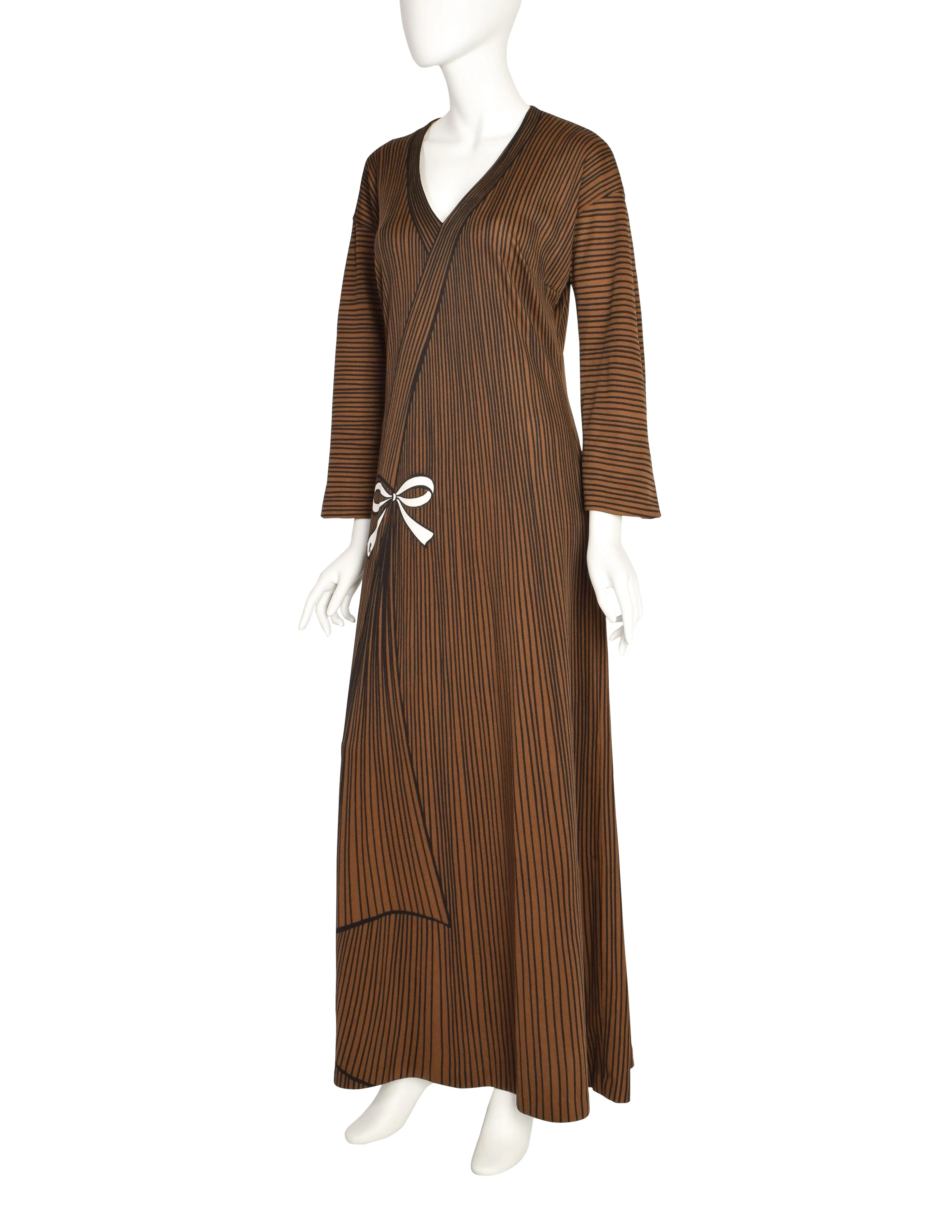 Roberta di Camerino Vintage 1978 Brown Trompe L'oeil Bow Maxi Dress