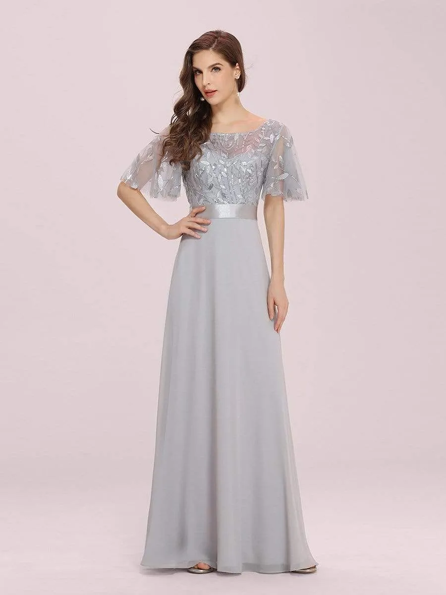 Romantic Round Neck Ruffle Sleeves Chiffon & Sequin Prom Dress