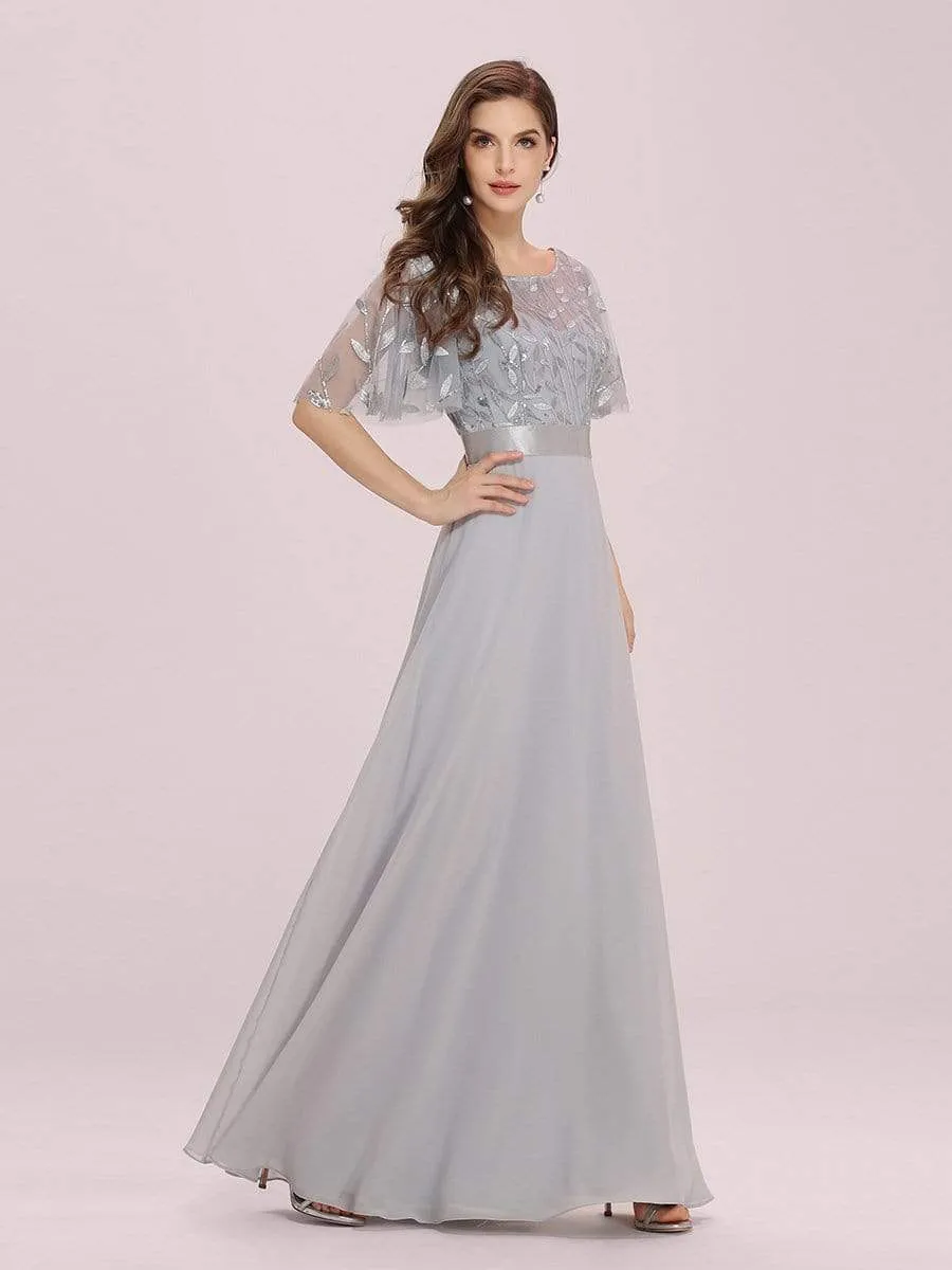 Romantic Round Neck Ruffle Sleeves Chiffon & Sequin Prom Dress