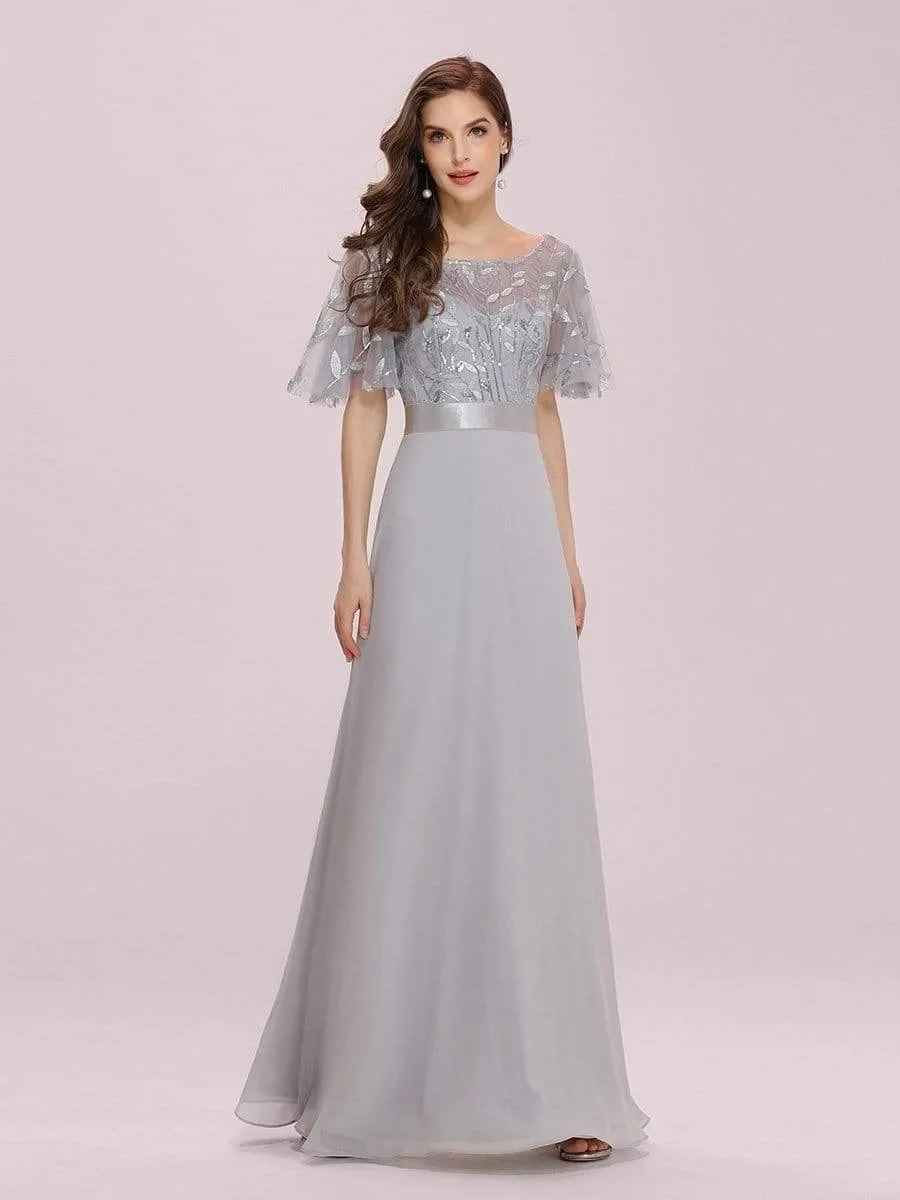 Romantic Round Neck Ruffle Sleeves Chiffon & Sequin Prom Dress