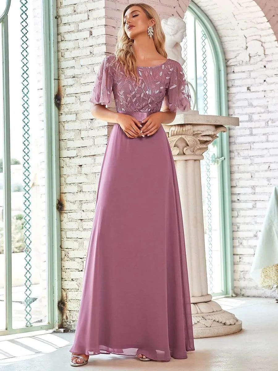 Romantic Round Neck Ruffle Sleeves Chiffon & Sequin Prom Dress