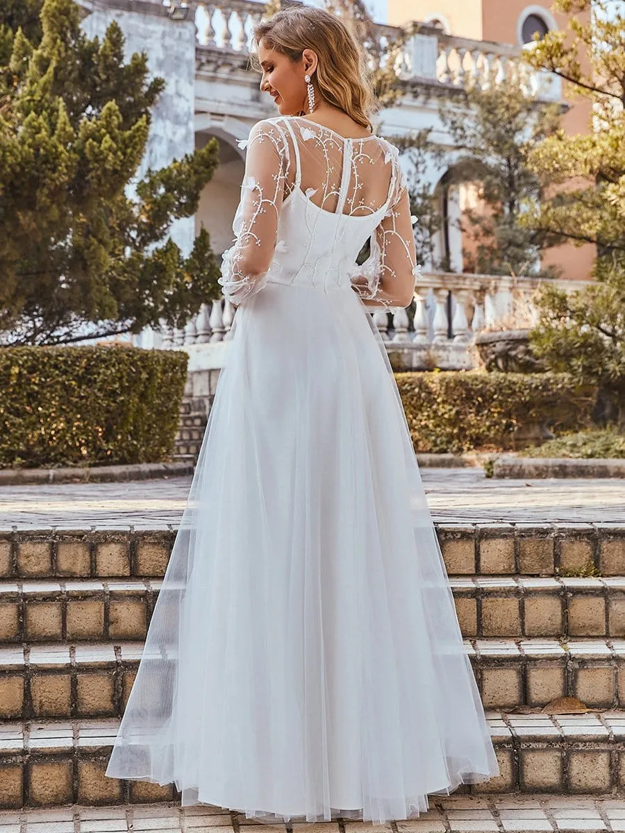 Romantic Sheer Bodice Lantern Sleeve Causal Tulle Wedding Dress