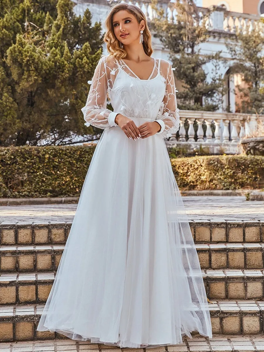 Romantic Sheer Bodice Lantern Sleeve Causal Tulle Wedding Dress