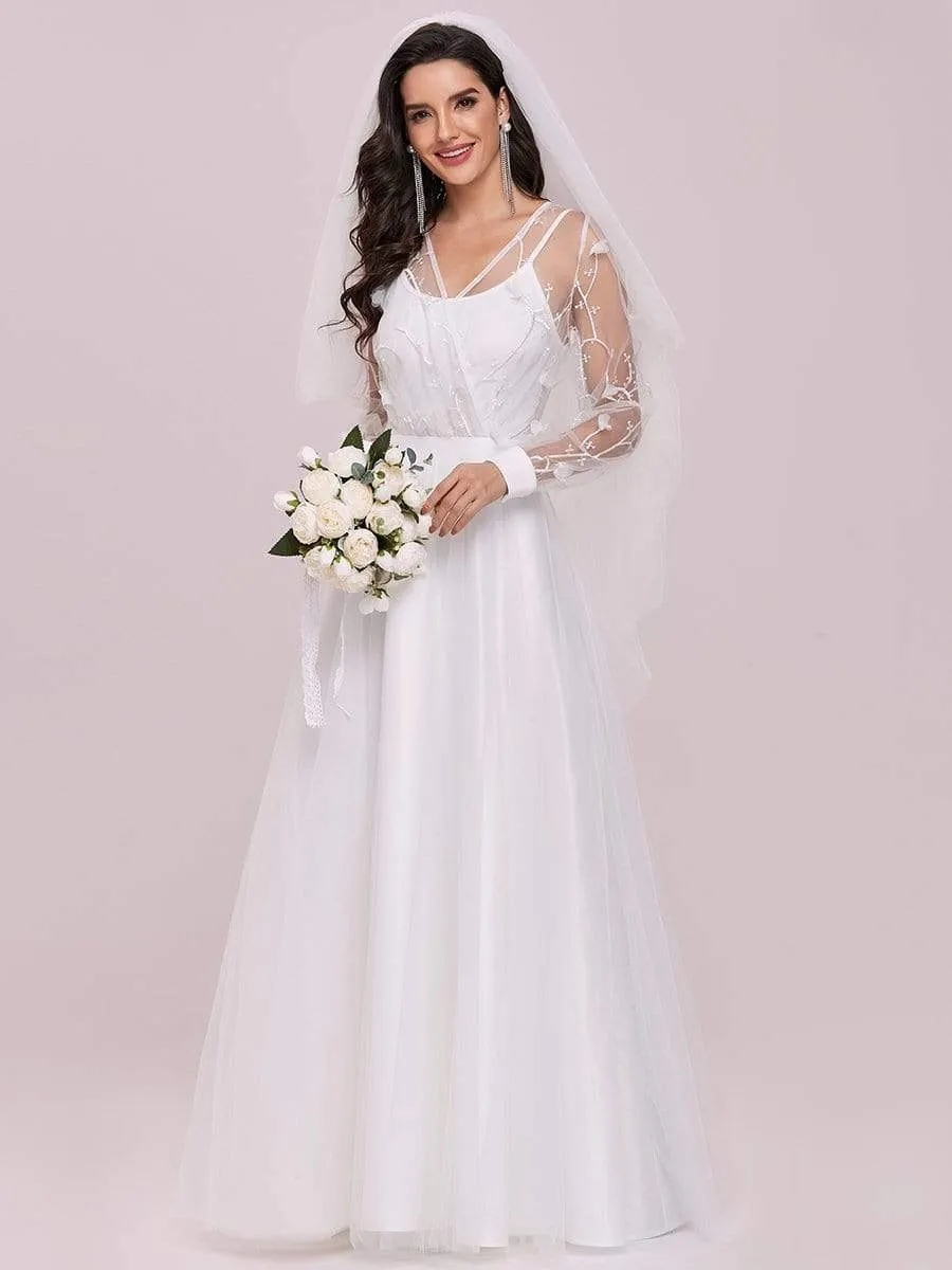 Romantic Sheer Bodice Lantern Sleeve Causal Tulle Wedding Dress