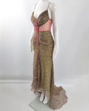 Sagaie Paris Vintage Pure Silk Chiffon Bias Cut Leopard Print Gown, 2000s