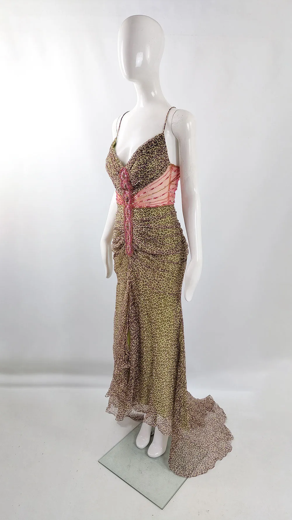 Sagaie Paris Vintage Pure Silk Chiffon Bias Cut Leopard Print Gown, 2000s