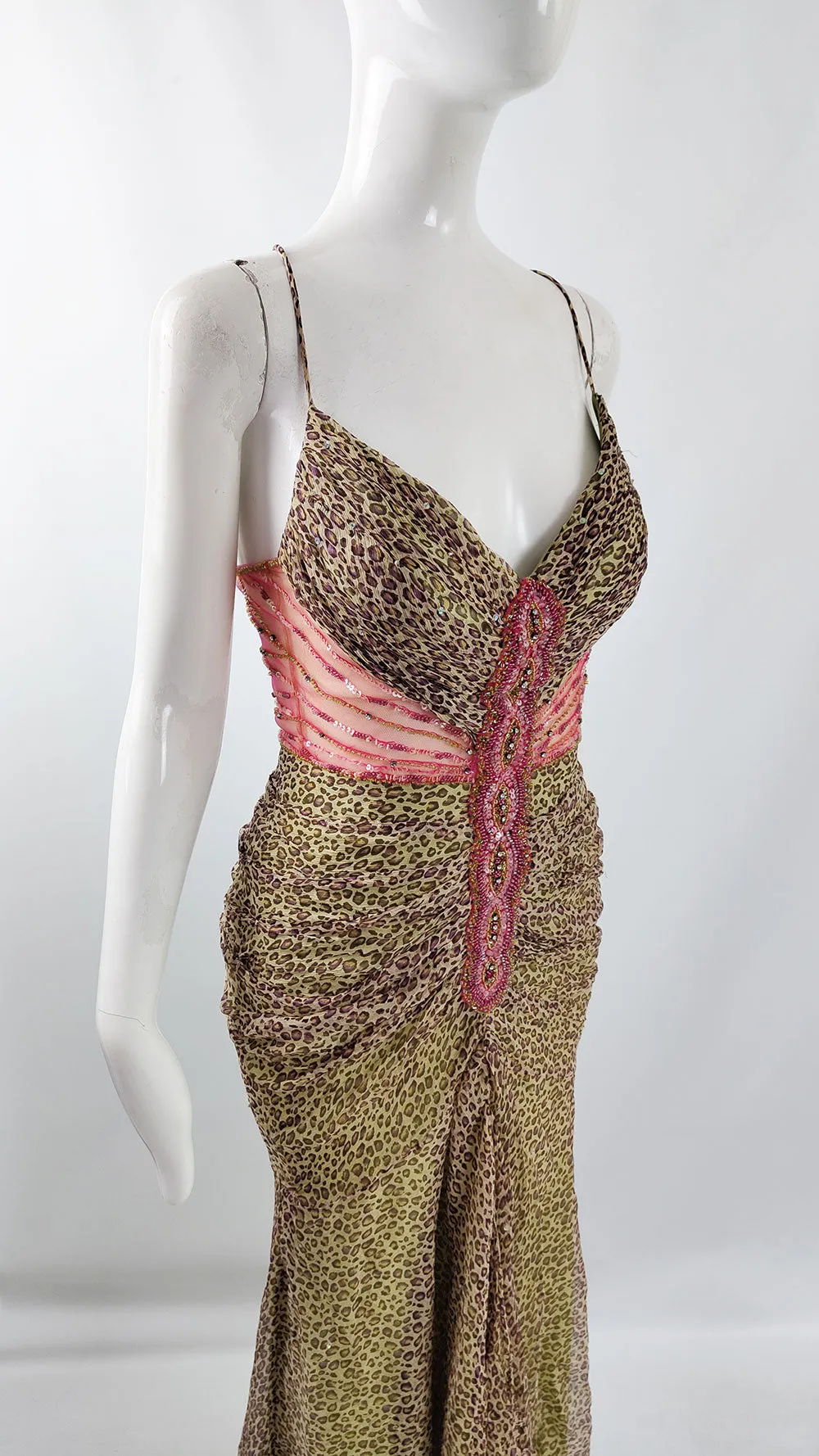 Sagaie Paris Vintage Pure Silk Chiffon Bias Cut Leopard Print Gown, 2000s