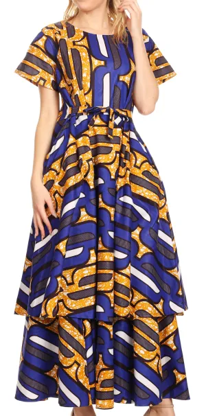 Sakkas Evra Women's Short Sleeve Maxi African Ankara Print Dress Pockets Casual