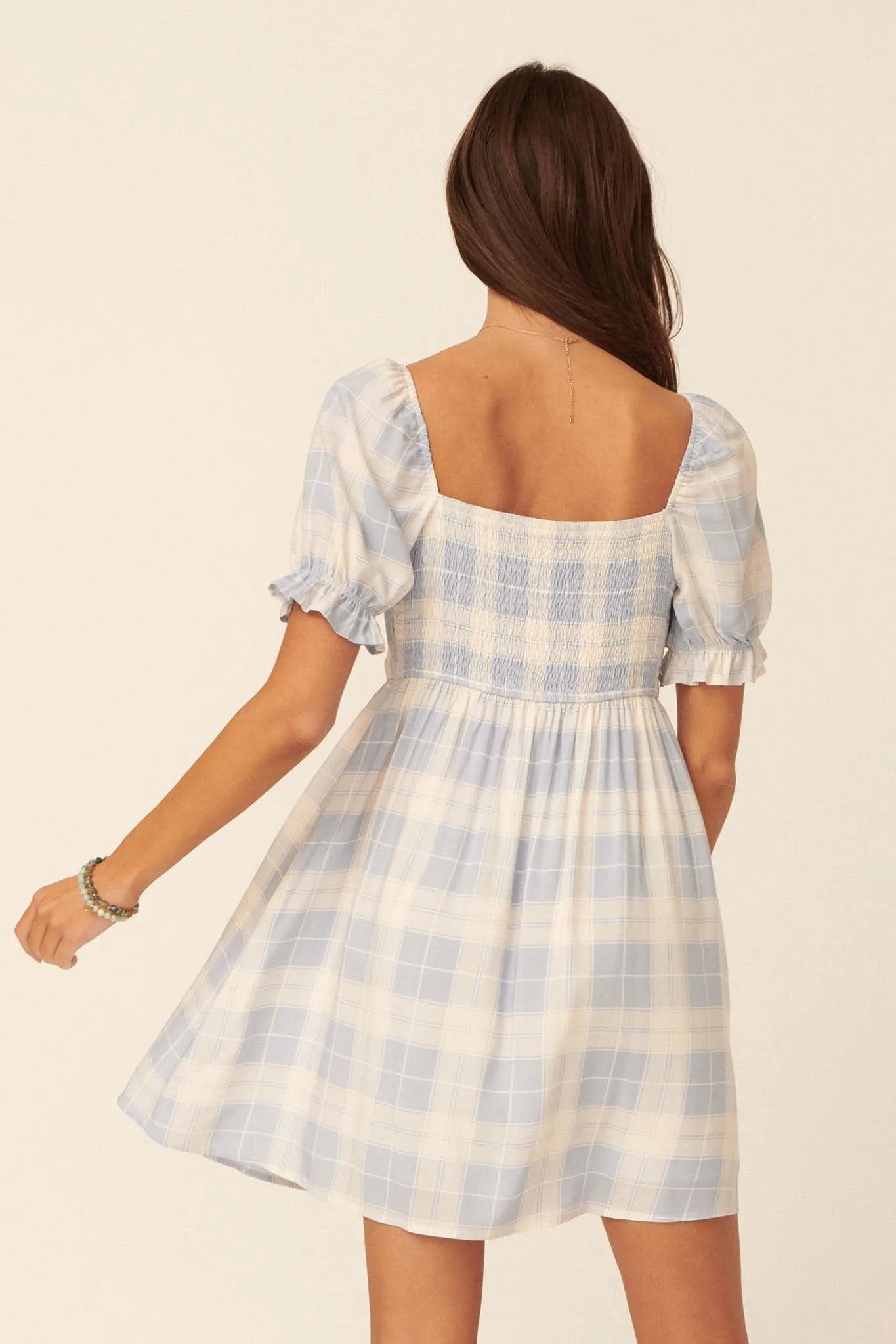 Shine On Plaid Puff-Sleeve Babydoll Mini Dress