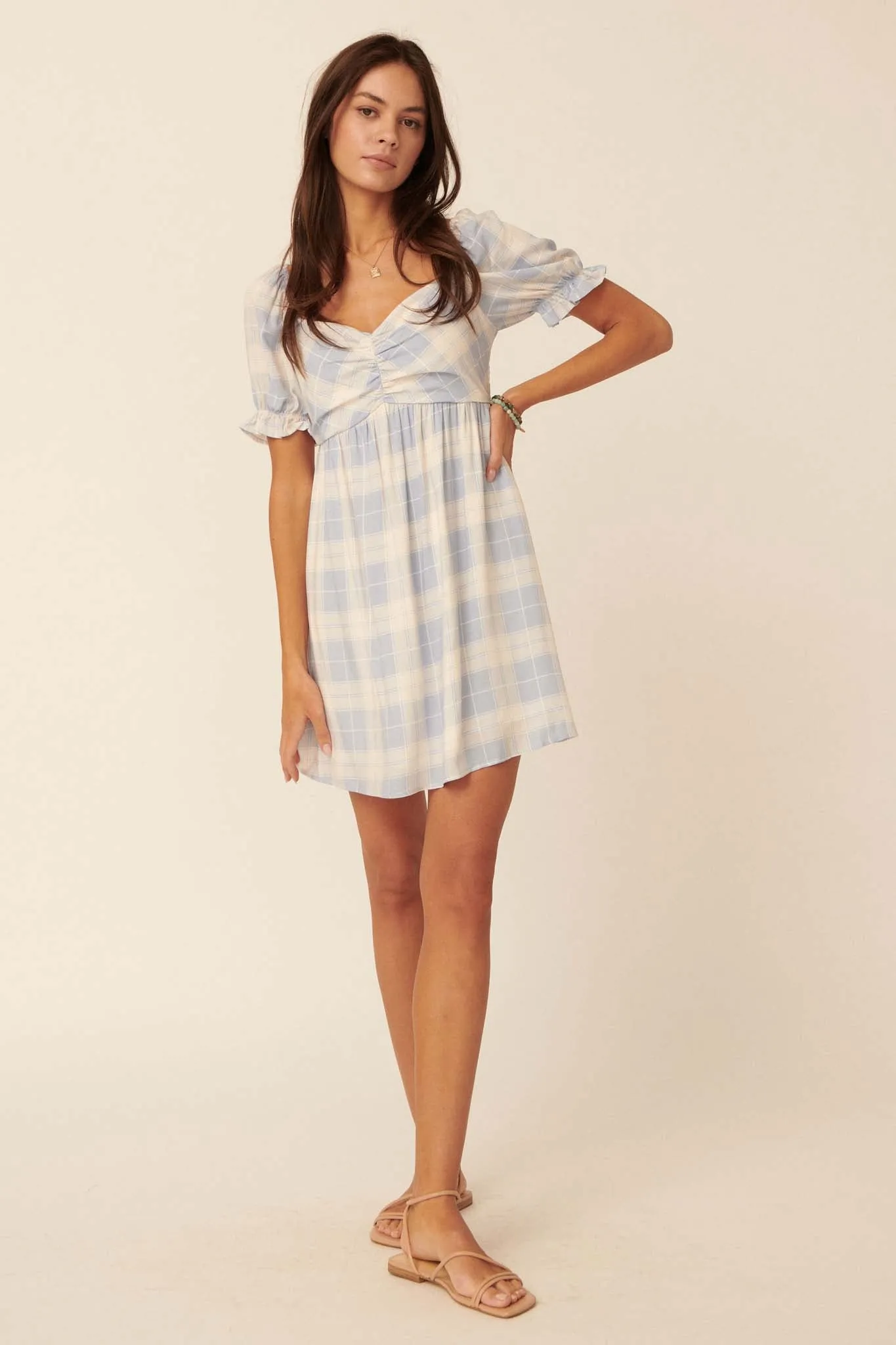 Shine On Plaid Puff-Sleeve Babydoll Mini Dress