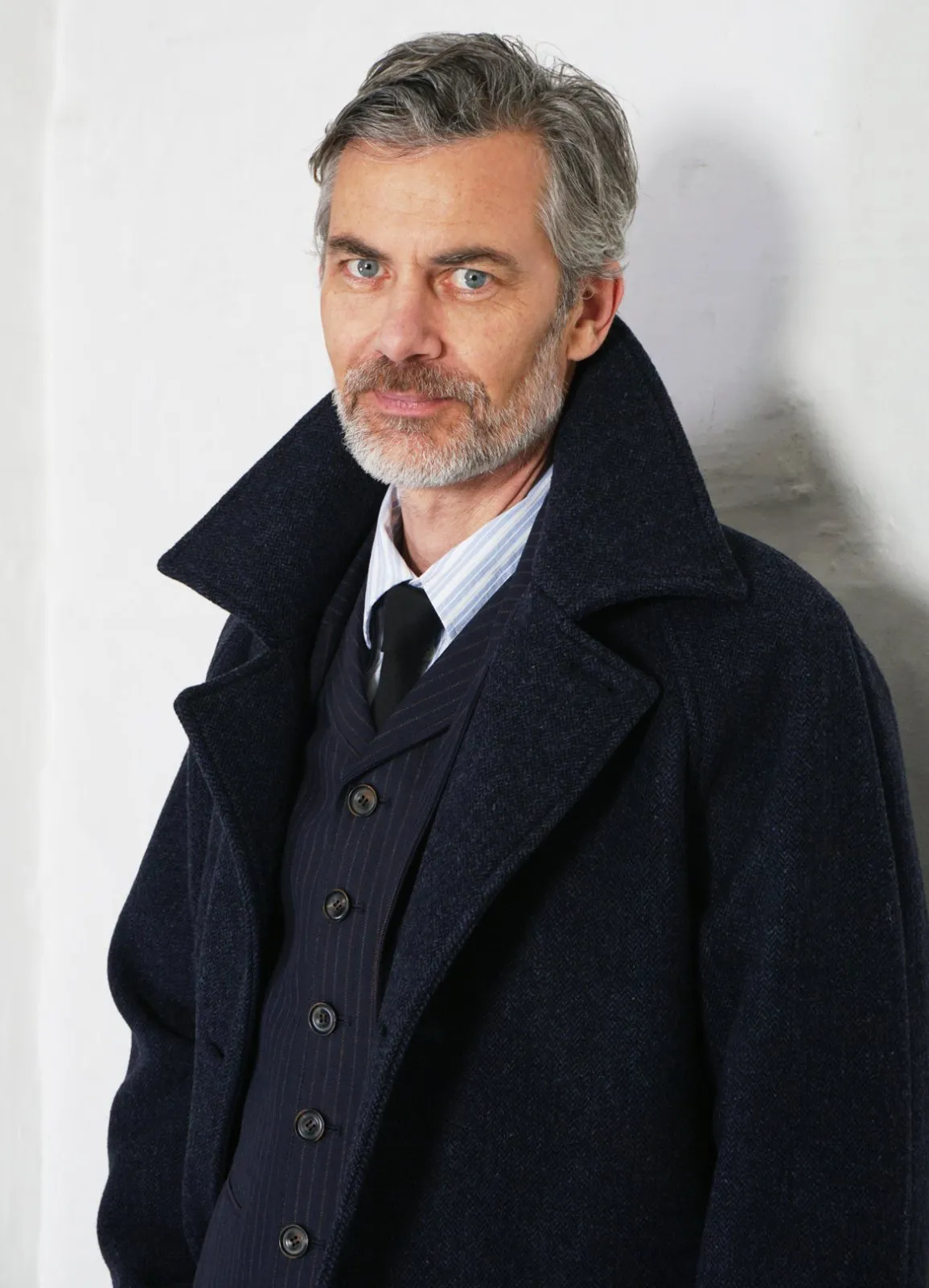 SIGFRED | Long Double Face Wool Coat | Blue Herringbone