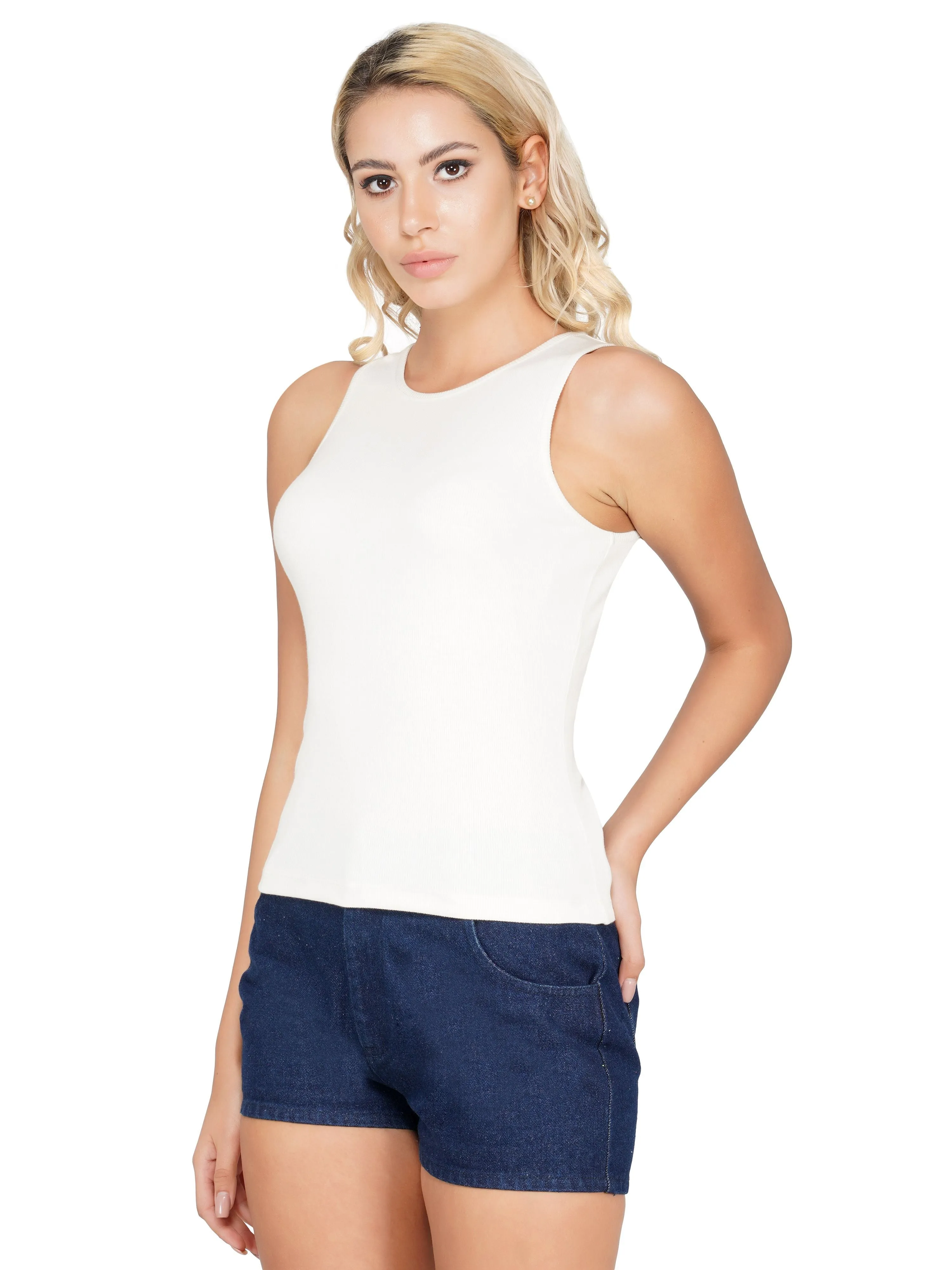 SLAY. Women's White Sleeveless Rib Tank Top