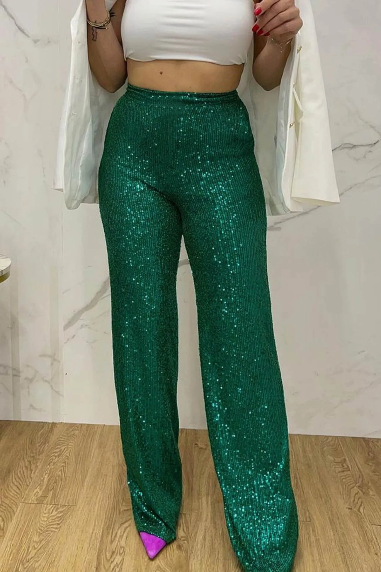 Solid Sequins Straight Long Pants