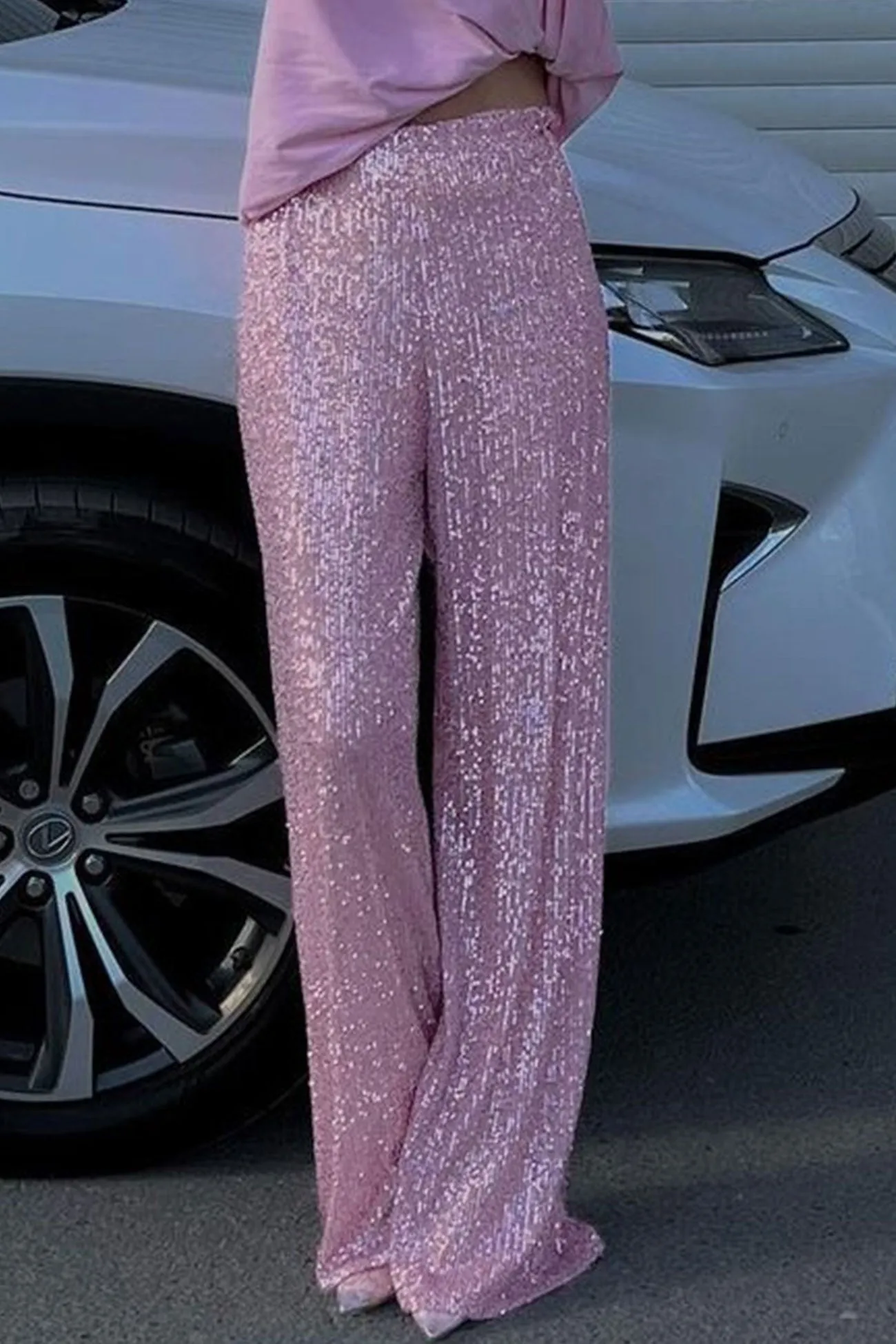 Solid Sequins Straight Long Pants