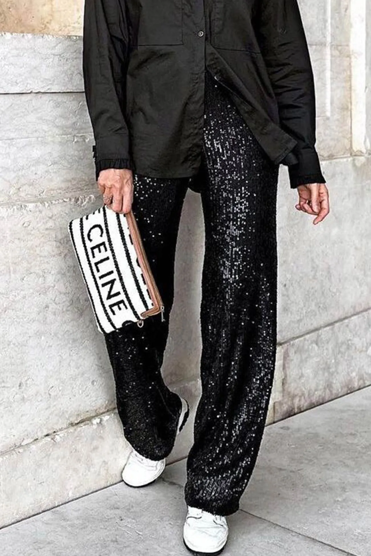 Solid Sequins Straight Long Pants