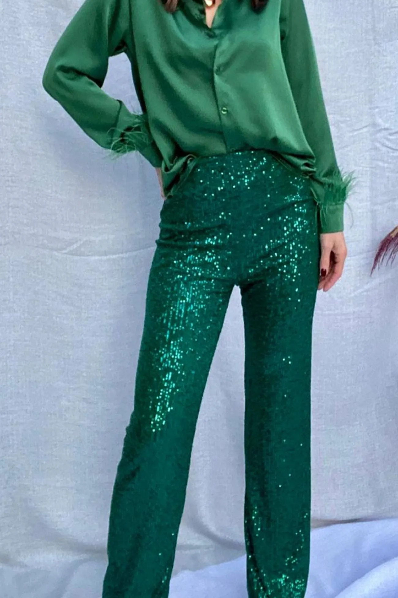 Solid Sequins Straight Long Pants