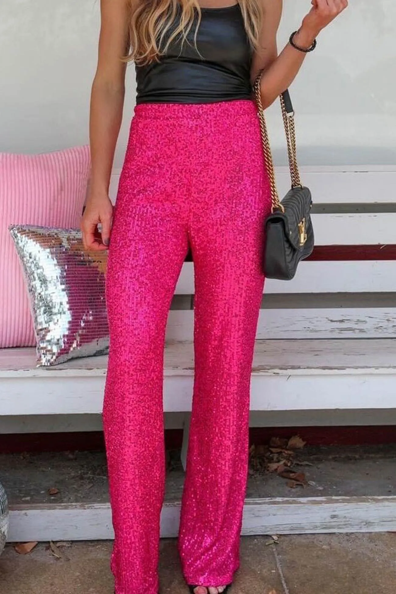 Solid Sequins Straight Long Pants