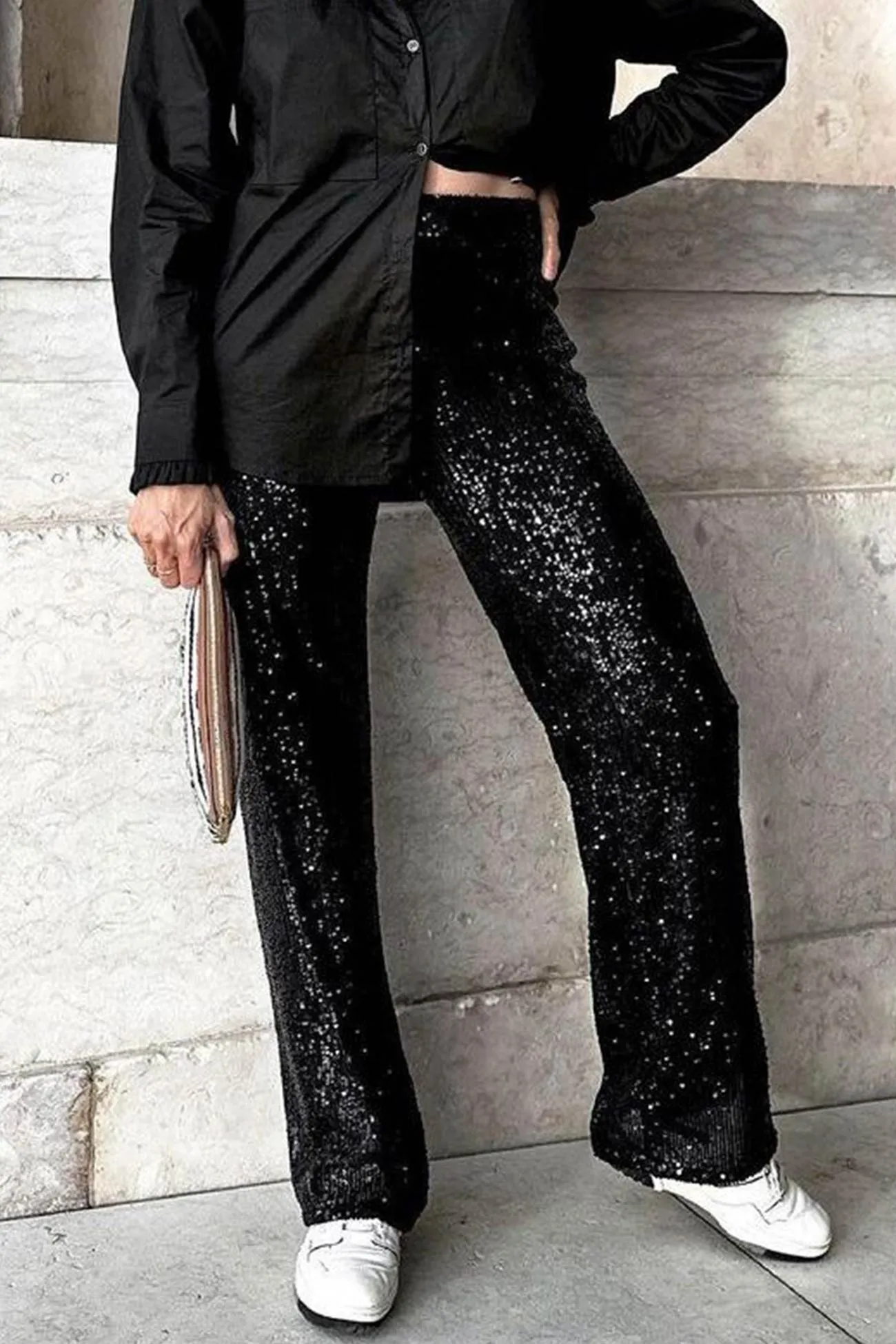 Solid Sequins Straight Long Pants