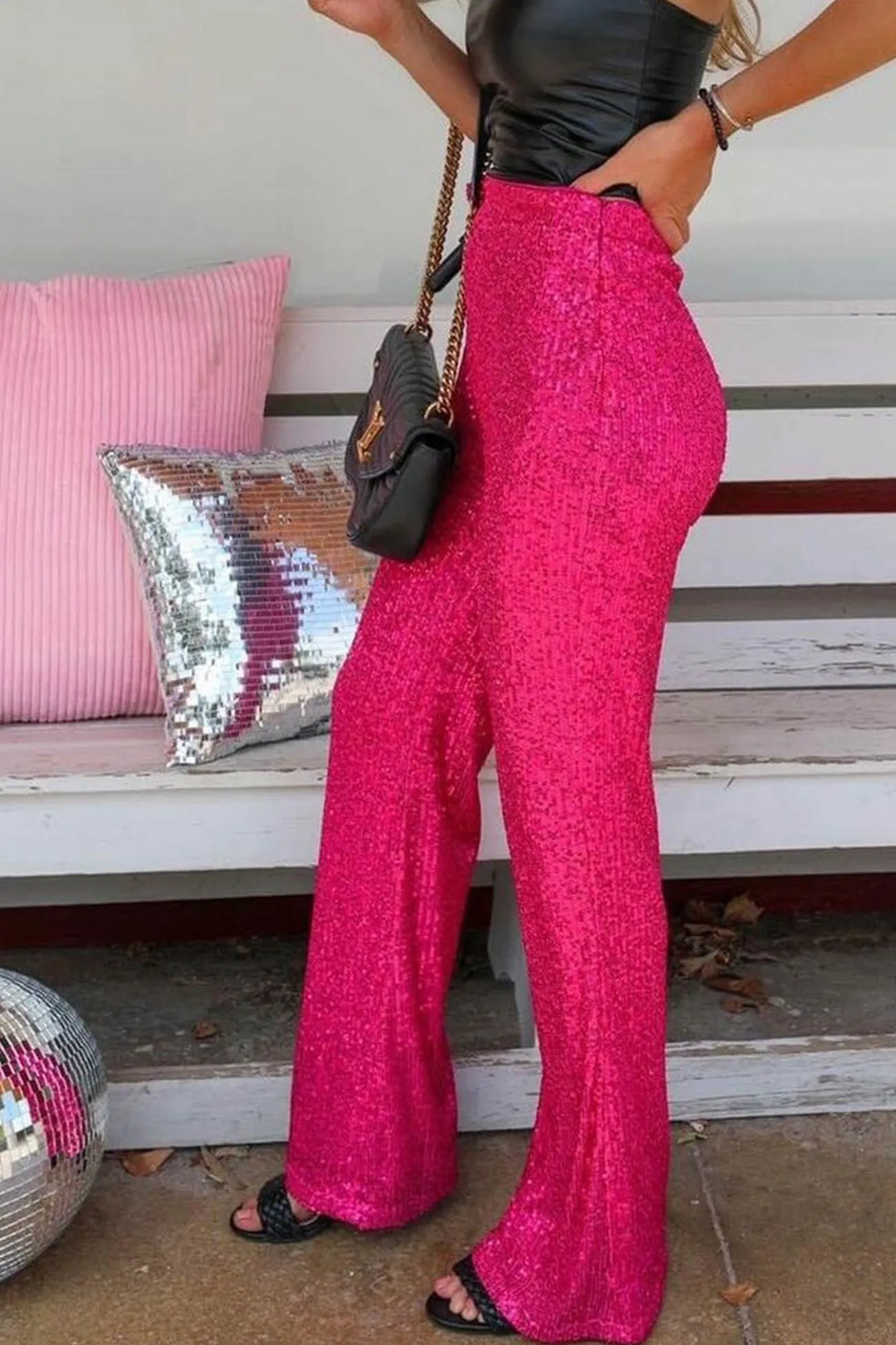 Solid Sequins Straight Long Pants