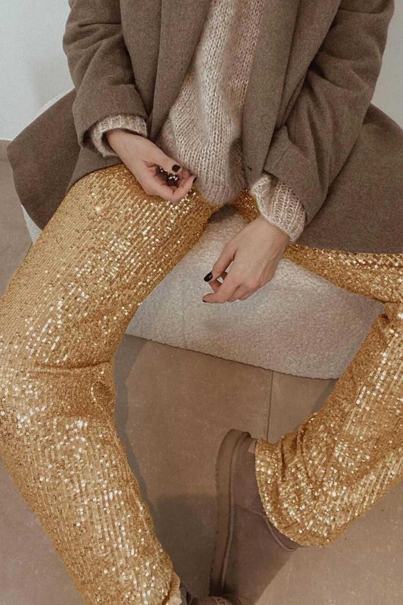 Solid Sequins Straight Long Pants