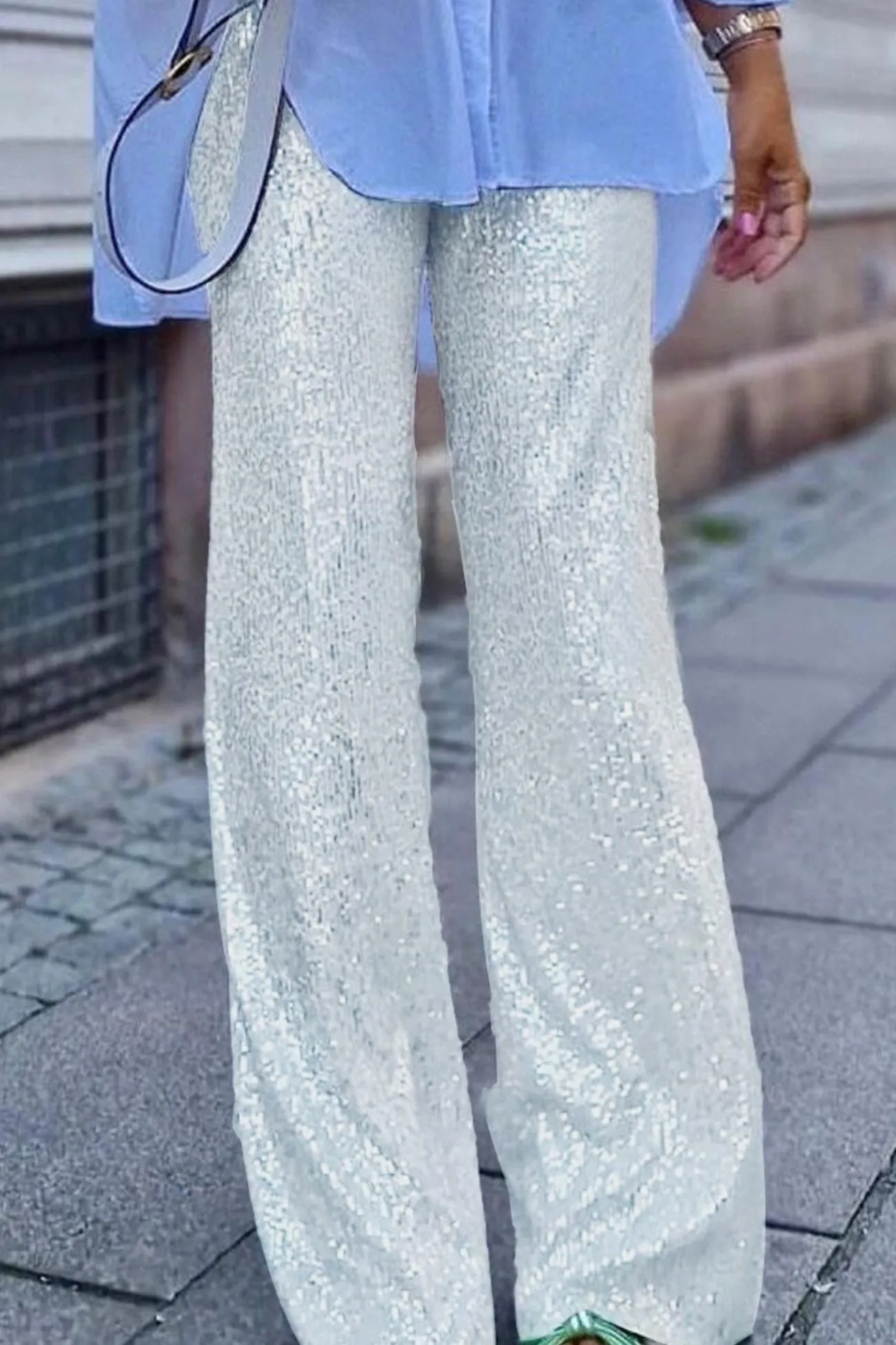 Solid Sequins Straight Long Pants