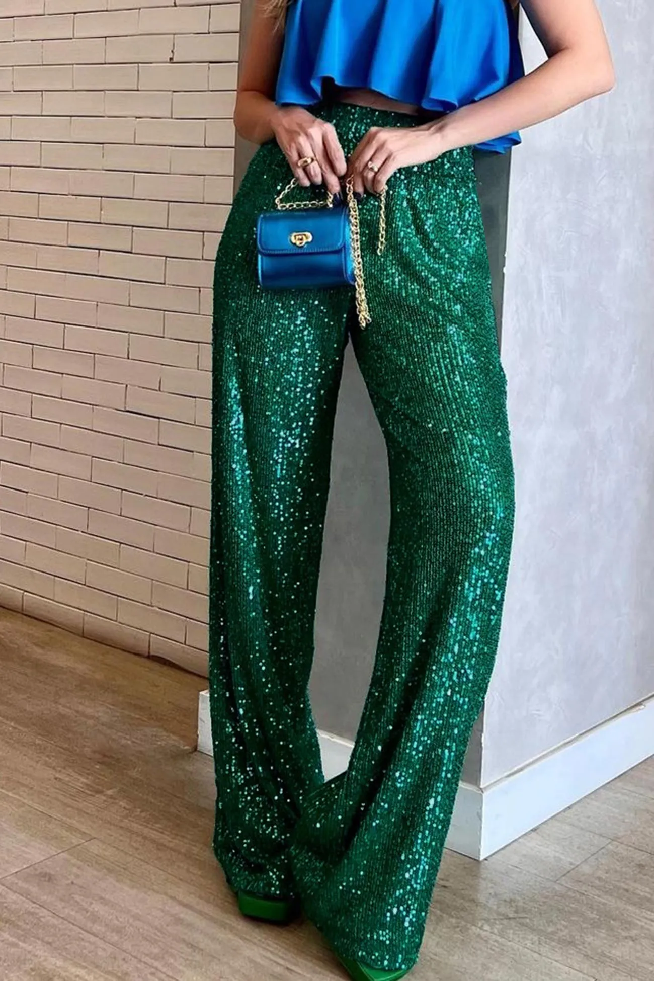 Solid Sequins Straight Long Pants