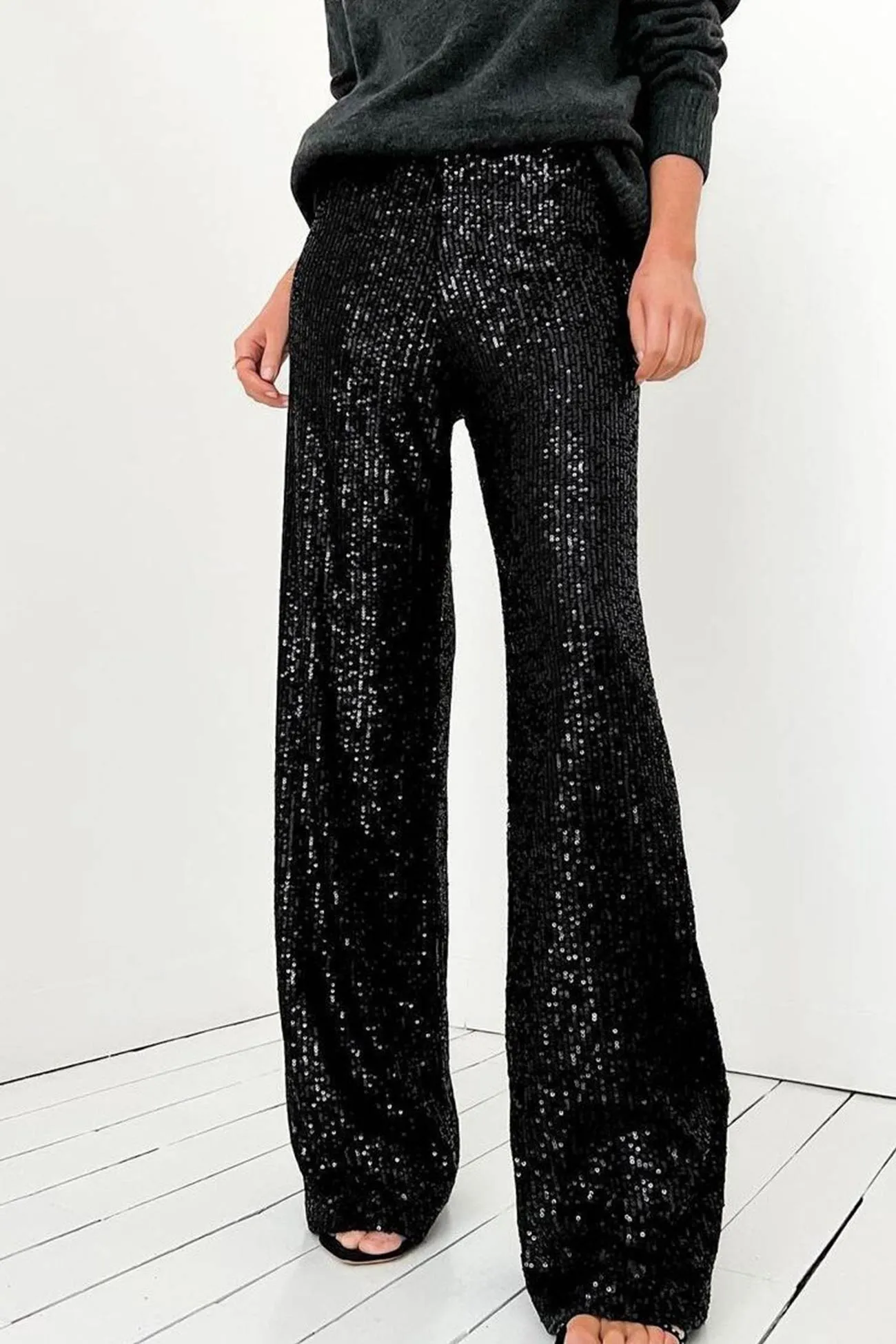 Solid Sequins Straight Long Pants