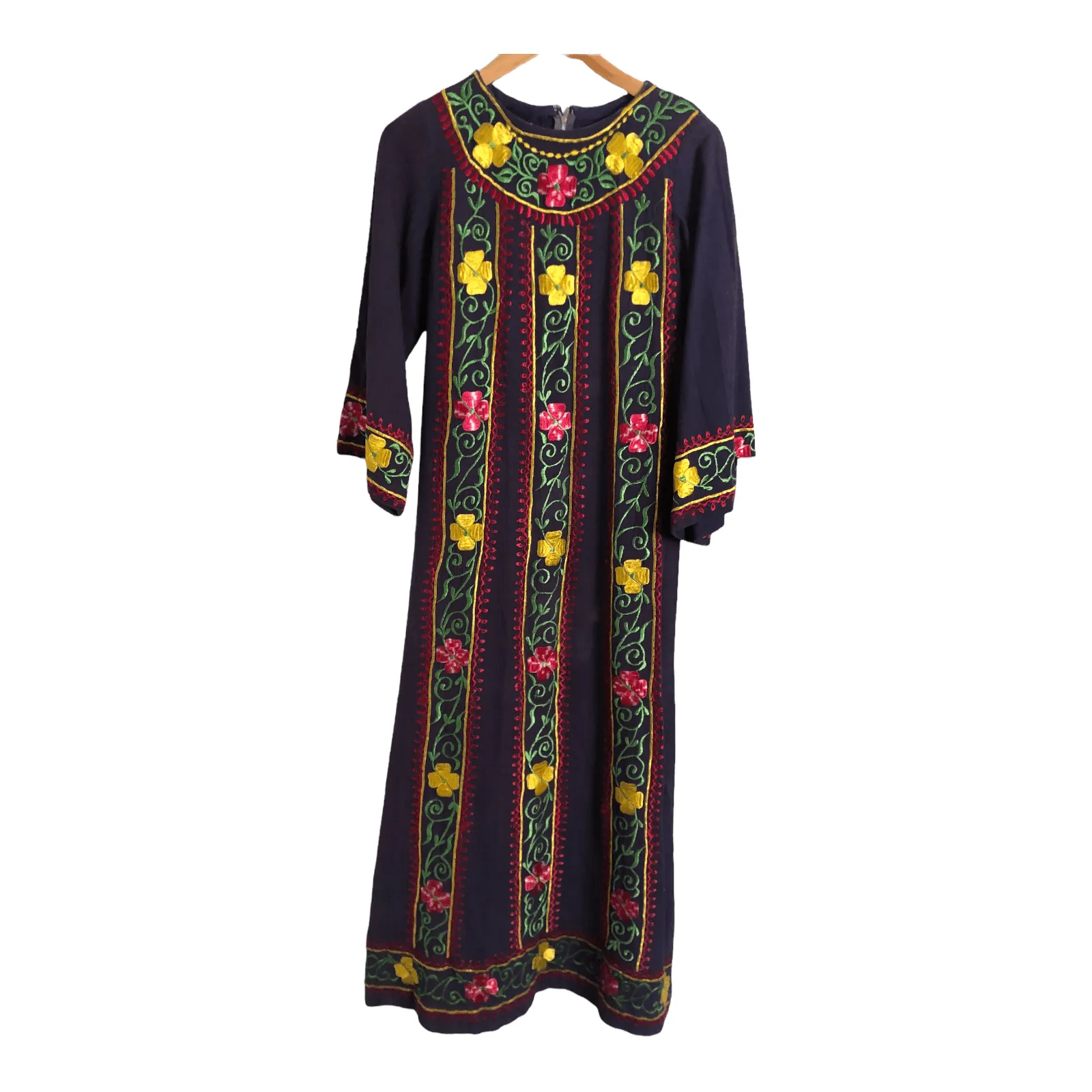 Souk Vintage Embroidered Cotton 3/4 Sleeve Kaftan Maxi Dress Purple Multi M/L